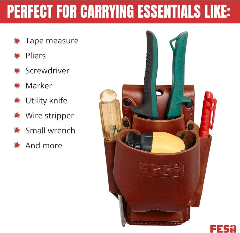fesa Small Leather Tool Pouch - 4-in-1 Heavy Top Grain Leather Small Tool Pouch with a Tape Measure Holder, 3 Pockets & Reinforced Heavy Duty Rivets - Fits Belts up to 3" - Handcrafted - Image 5